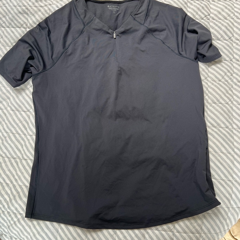 Athleta Black Crew Neck Short Sleeve Zip Top L